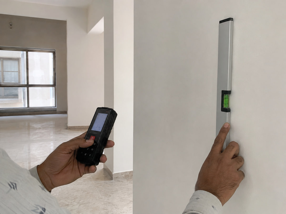 Inspector using a laser distance meter and spirit level during an apartment inspection