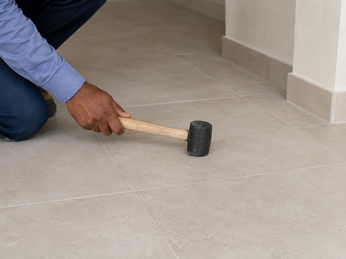 Inspector using a rubber mallet for a tile-sounding check